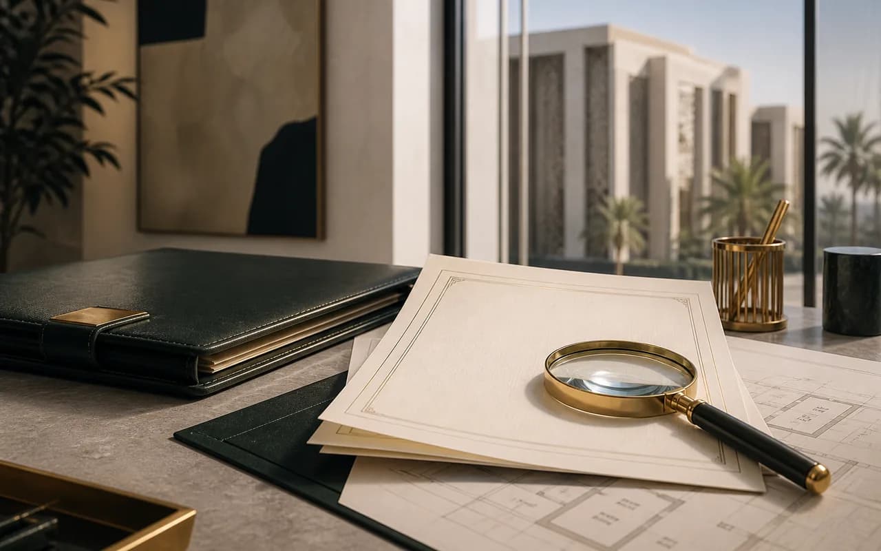 مستندات ومخططات عقارية مع عدسة فحص أمام مبنى سكني