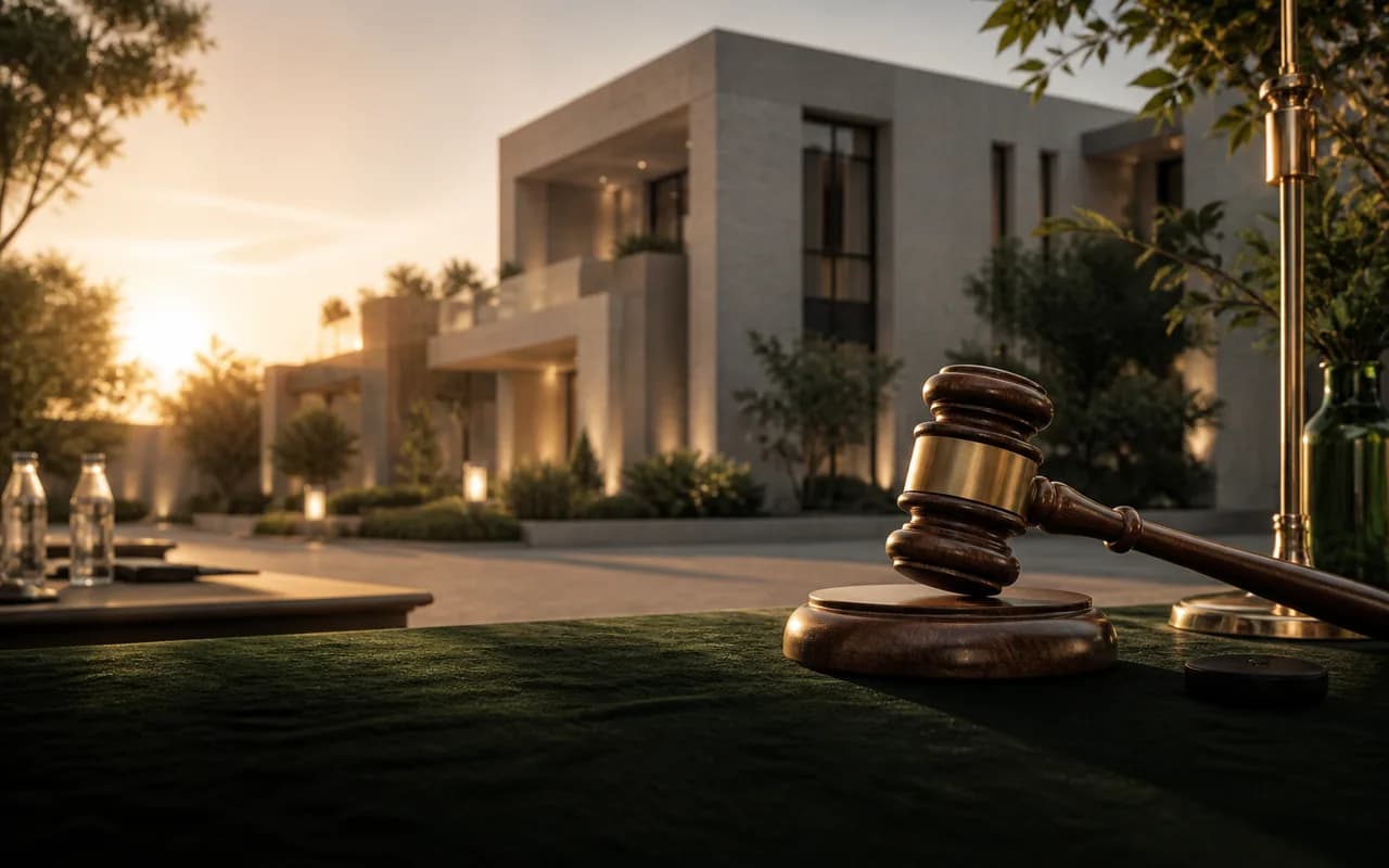 مطرقة مزاد أمام عقار سكني سعودي حديث