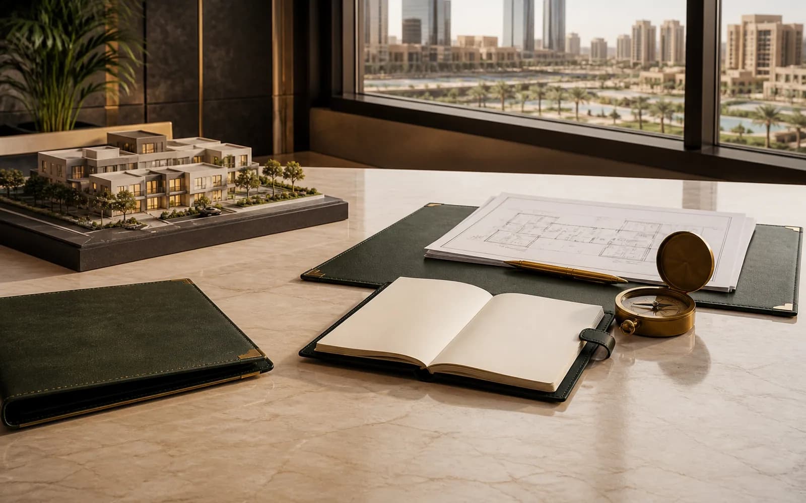 مكتب تخطيط عقاري يضم نموذج مبنى ومخططات وبوصلة